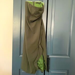Jay Godfrey khaki green strapless dress with ruffle detail, xs